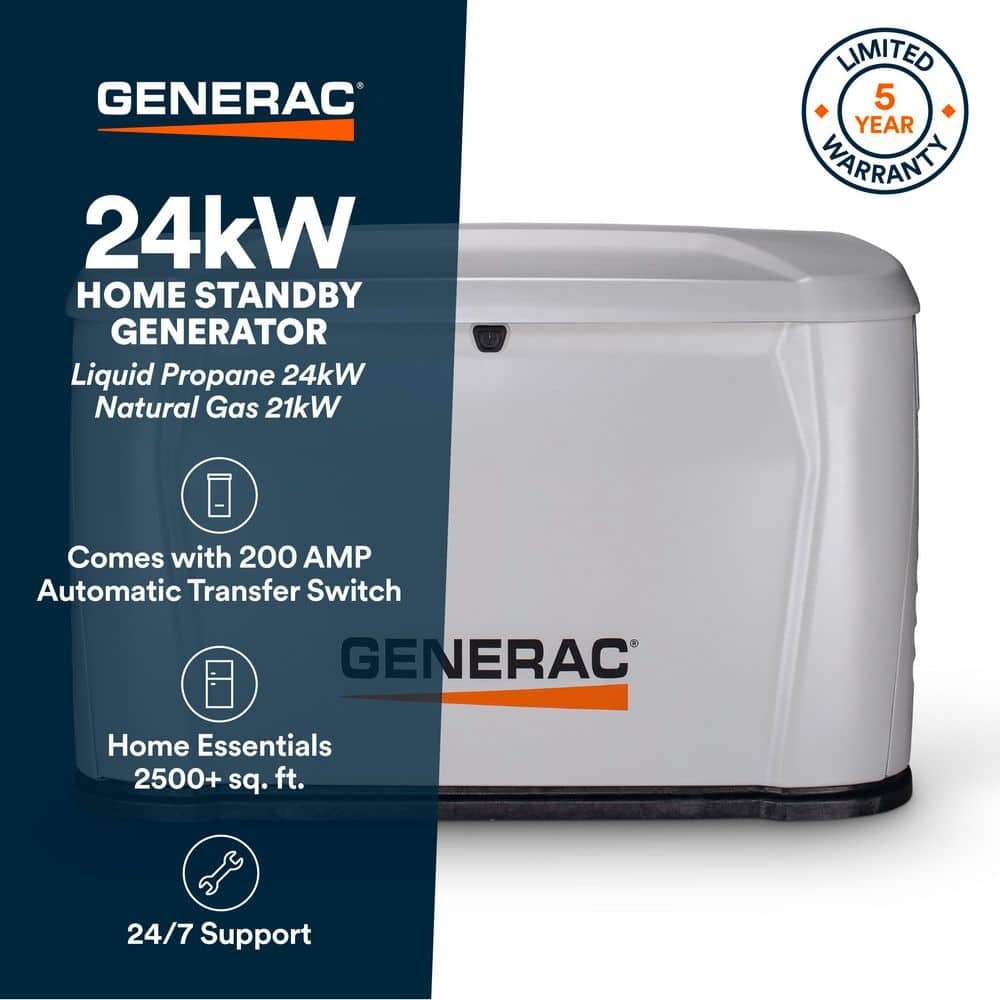 Generac 24kW Air-Cooled Auto Start Natural Gas or Propane Whole House Generator and 200 Amp Transfer Switch w/ Smart Monitoring 7326