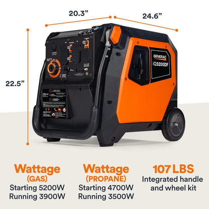 Generac 5200/3900-Watt Dual Fuel Inverter Generator, Fully Enclosed Case and Easy-To-Use Electric Start with Battery Included 8945