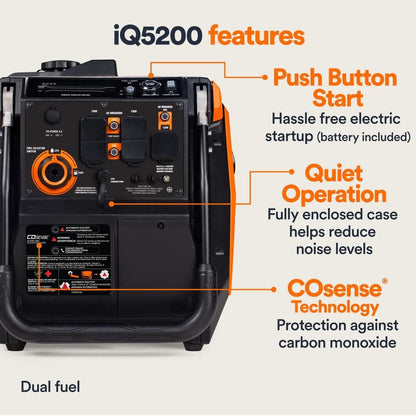 Generac 5200/3900-Watt Dual Fuel Inverter Generator, Fully Enclosed Case and Easy-To-Use Electric Start with Battery Included 8945