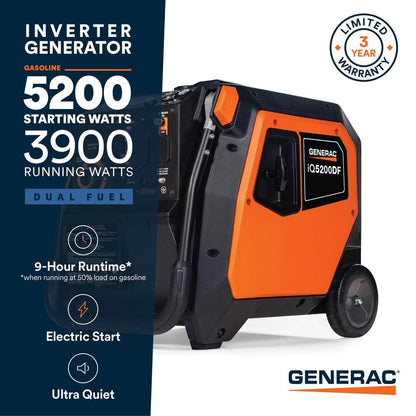 Generac 5200/3900-Watt Dual Fuel Inverter Generator, Fully Enclosed Case and Easy-To-Use Electric Start with Battery Included 8945