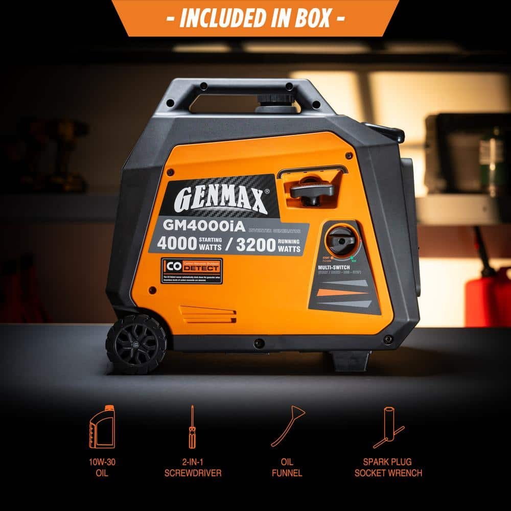 GENMAX 4000-Watt Recoil Start Gasoline Powered Inverter Generator Light-Weight and Quiet With 145cc OHV Engine GM4000iA