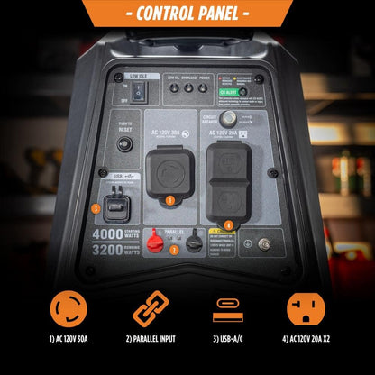 GENMAX 4000-Watt Recoil Start Gasoline Powered Inverter Generator Light-Weight and Quiet With 145cc OHV Engine GM4000iA