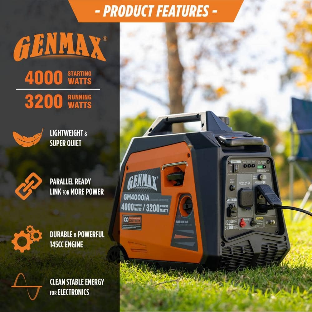 GENMAX 4000-Watt Recoil Start Gasoline Powered Inverter Generator Light-Weight and Quiet With 145cc OHV Engine GM4000iA