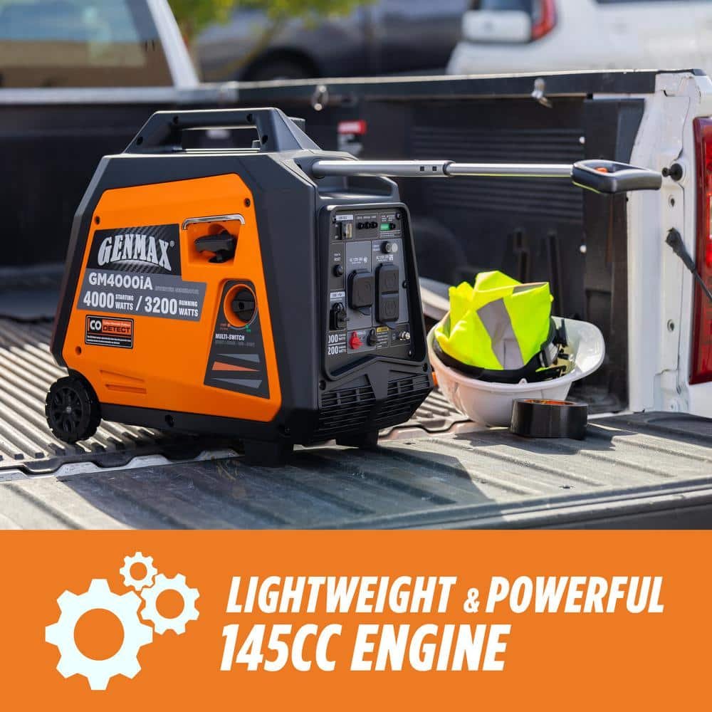 GENMAX 4000-Watt Recoil Start Gasoline Powered Inverter Generator Light-Weight and Quiet With 145cc OHV Engine GM4000iA