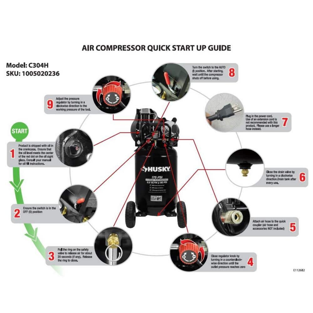 Husky 30 Gal. 175 PSI Oil Lubed Belt Drive Portable Vertical Electric Air Compressor C304H