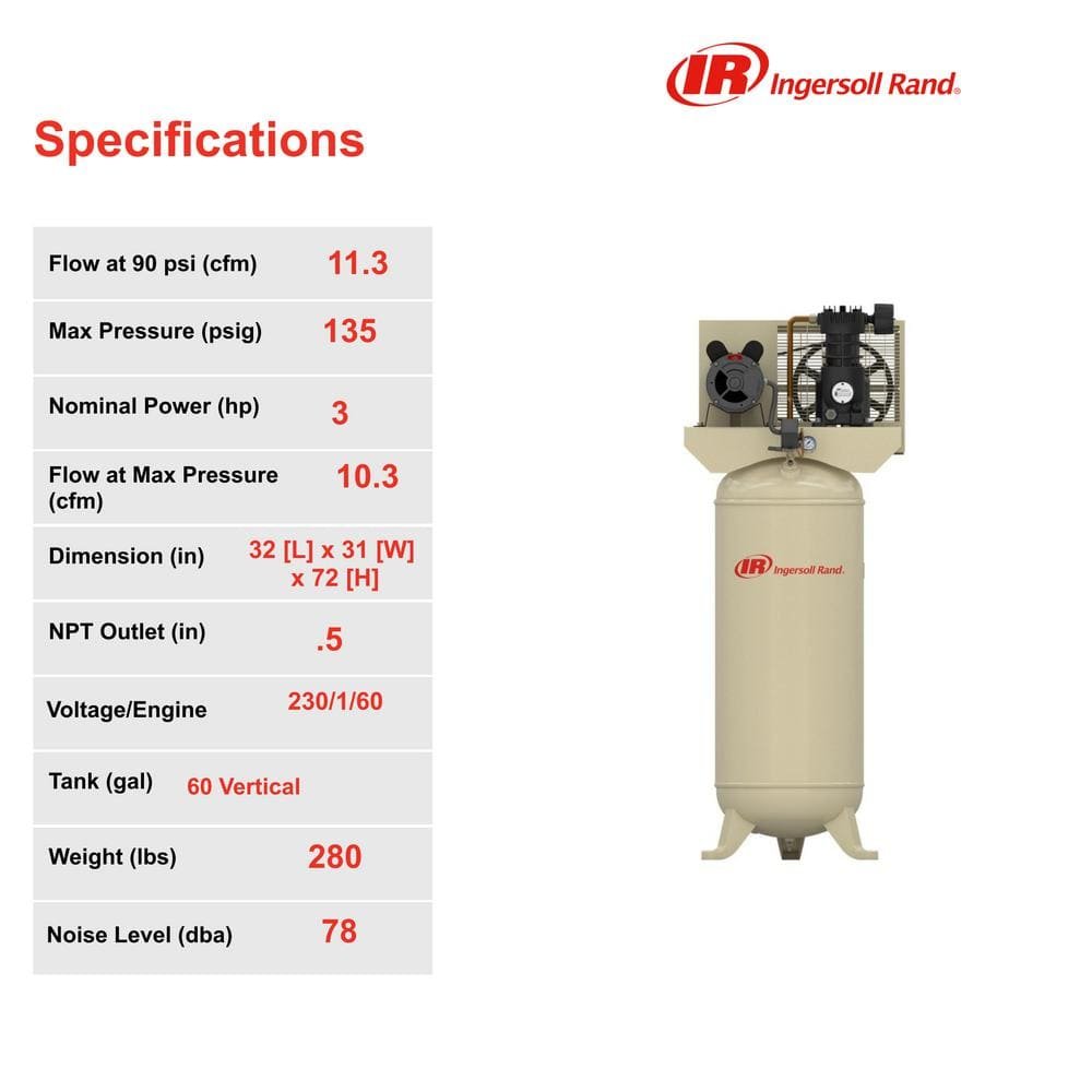 Ingersoll Rand 60 Gal. 135 PSI SS3 Vertical 3 HP 230-Volt 1-Phase Single-Stage Stationary Electric Air Compressor SS3L3