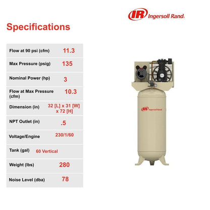 Ingersoll Rand 60 Gal. 135 PSI SS3 Vertical 3 HP 230-Volt 1-Phase Single-Stage Stationary Electric Air Compressor SS3L3