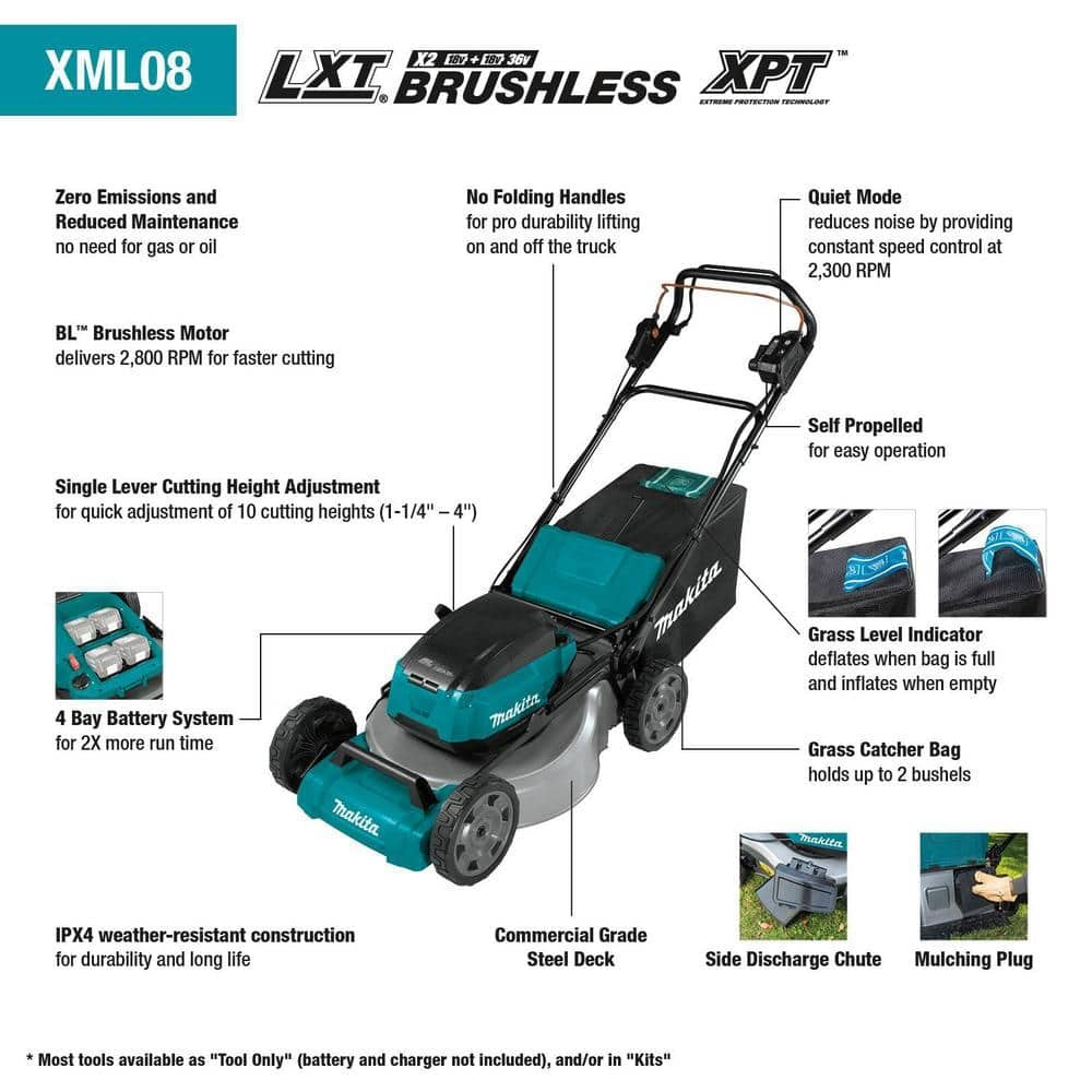 Makita 21 in. 18V X2 (36V) LXT Lithium-Ion Cordless Walk Behind Self Propelled Lawn Mower Kit with 4 Batteries (5.0 Ah) XML08PT1