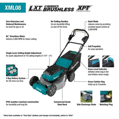 Makita 21 in. 18V X2 (36V) LXT Lithium-Ion Cordless Walk Behind Self Propelled Lawn Mower Kit with 4 Batteries (5.0 Ah) XML08PT1
