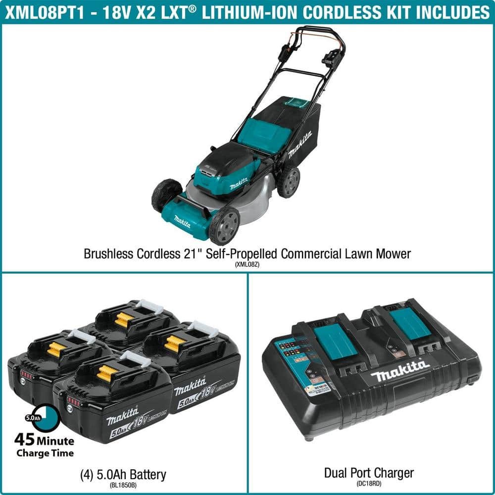 Makita 21 in. 18V X2 (36V) LXT Lithium-Ion Cordless Walk Behind Self Propelled Lawn Mower Kit with 4 Batteries (5.0 Ah) XML08PT1