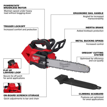 Milwaukee M18 FUEL 10 in 18V Lithium-Ion Brushless Cordless Battery Telescoping Pole Saw w/14 in Top Handle Chainsaw (2-Tool) 2826-20T-3013-20