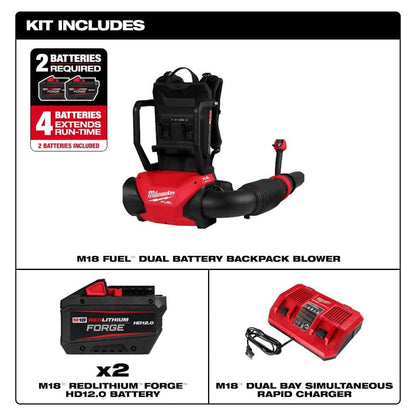 Milwaukee M18 FUEL 155 MPH 650 CFM 18V Brushless Cordless Battery Backpack Blower w/ (2) 12.0 Ah FORGE Batteries, Charger 3009-22HD