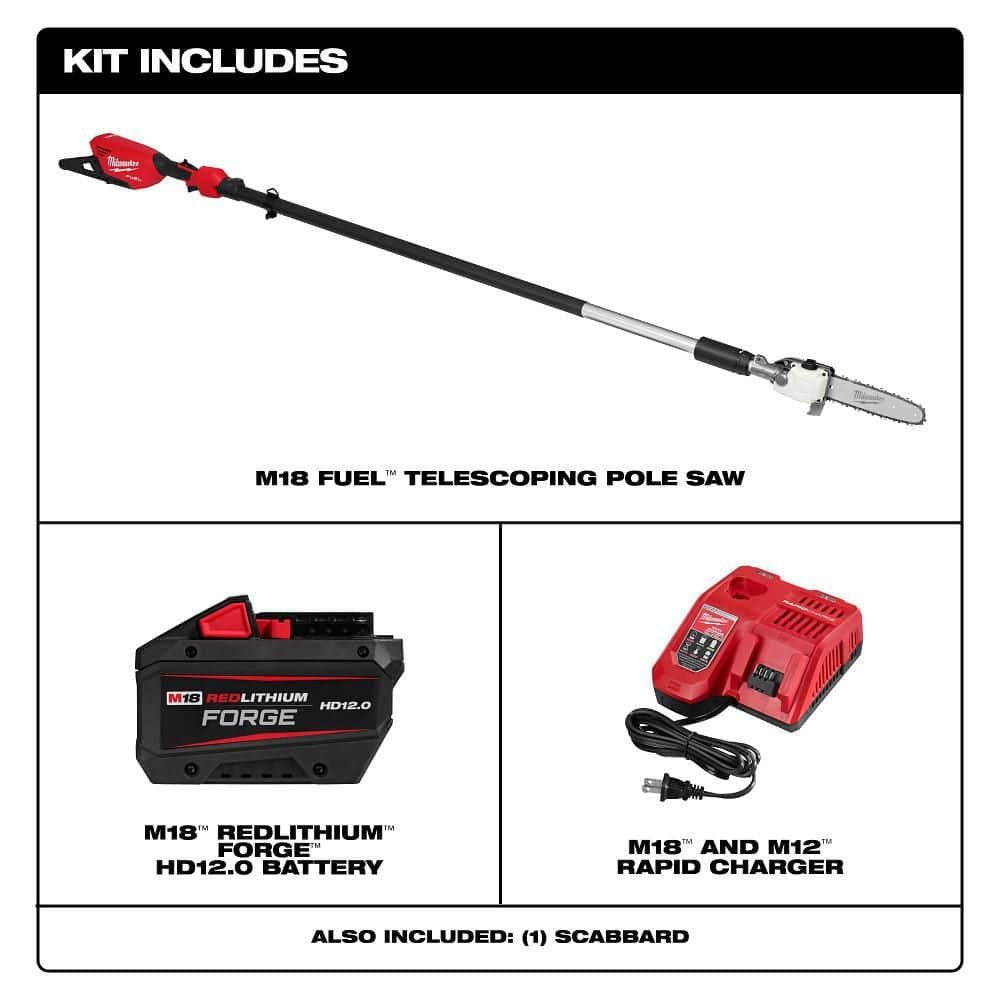 Milwaukee M18 FUEL 10 in. 18V Lithium-Ion Brushless Electric Cordless Telescoping Pole Saw Kit w/12.0 Ah Battery and Rapid Charger 3013-21