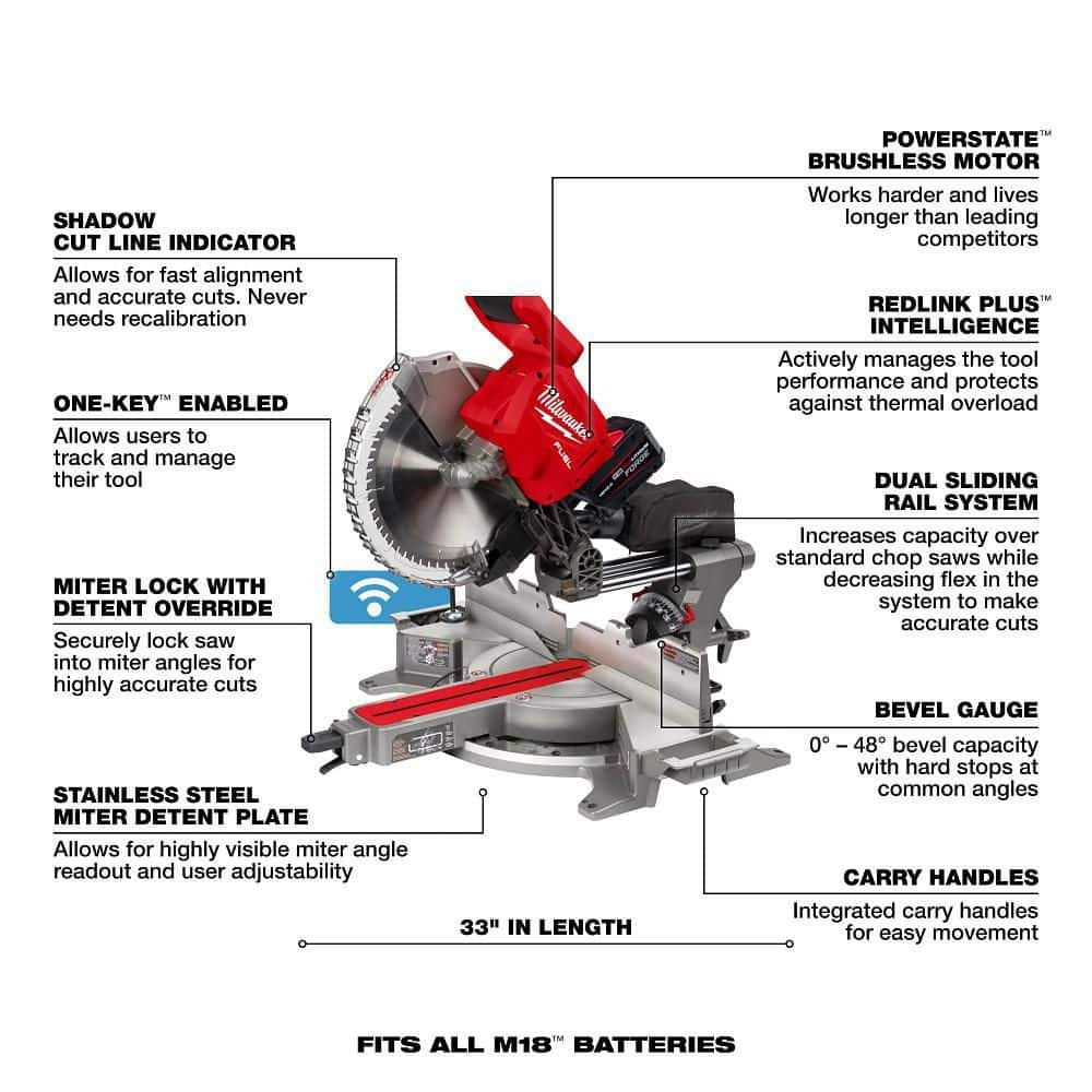 Milwaukee M18 FUEL 18V Lithium-Ion Brushless Cordless 12 in. Dual Bevel Sliding Compound Miter Saw Kit with One 12.0Ah Battery 2739-21HD
