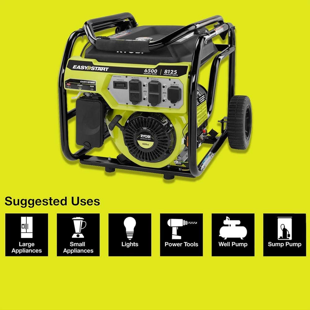 RYOBI 8125/6500-Watt Gas Powered Portable Generator With CO Detect Shutdown Sensor For Storms and Jobsites RY906500S