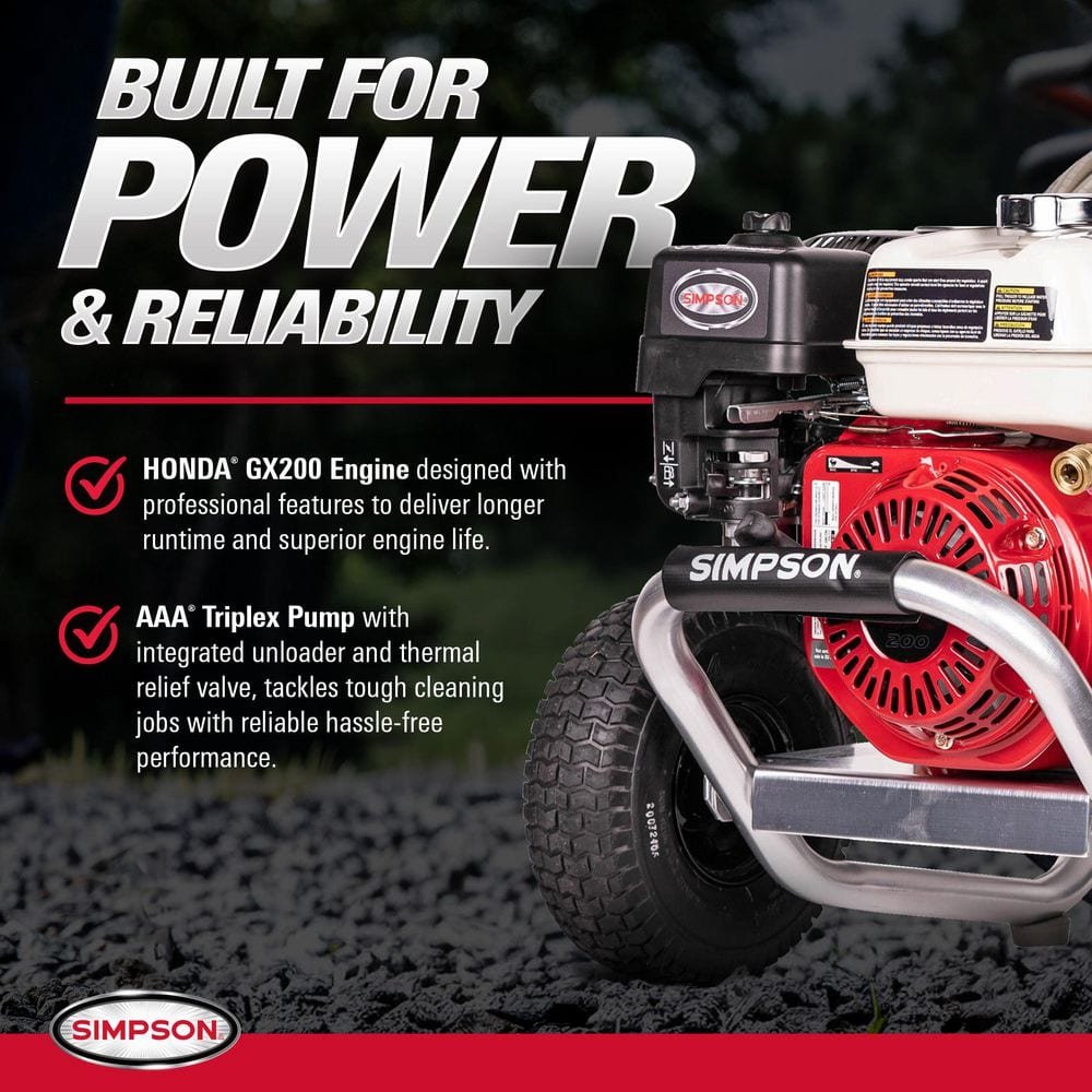 SIMPSON 3600 PSI 2.5 GPM Gas Pressure Washer, Honda GX200 Engine and Aluminum Frame, Commercial Cold Water Power Washer ALH3425-S