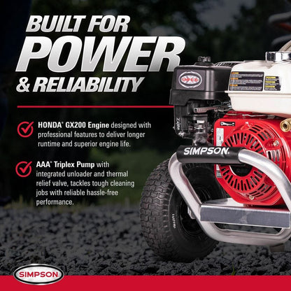 SIMPSON 3600 PSI 2.5 GPM Gas Pressure Washer, Honda GX200 Engine and Aluminum Frame, Commercial Cold Water Power Washer ALH3425-S