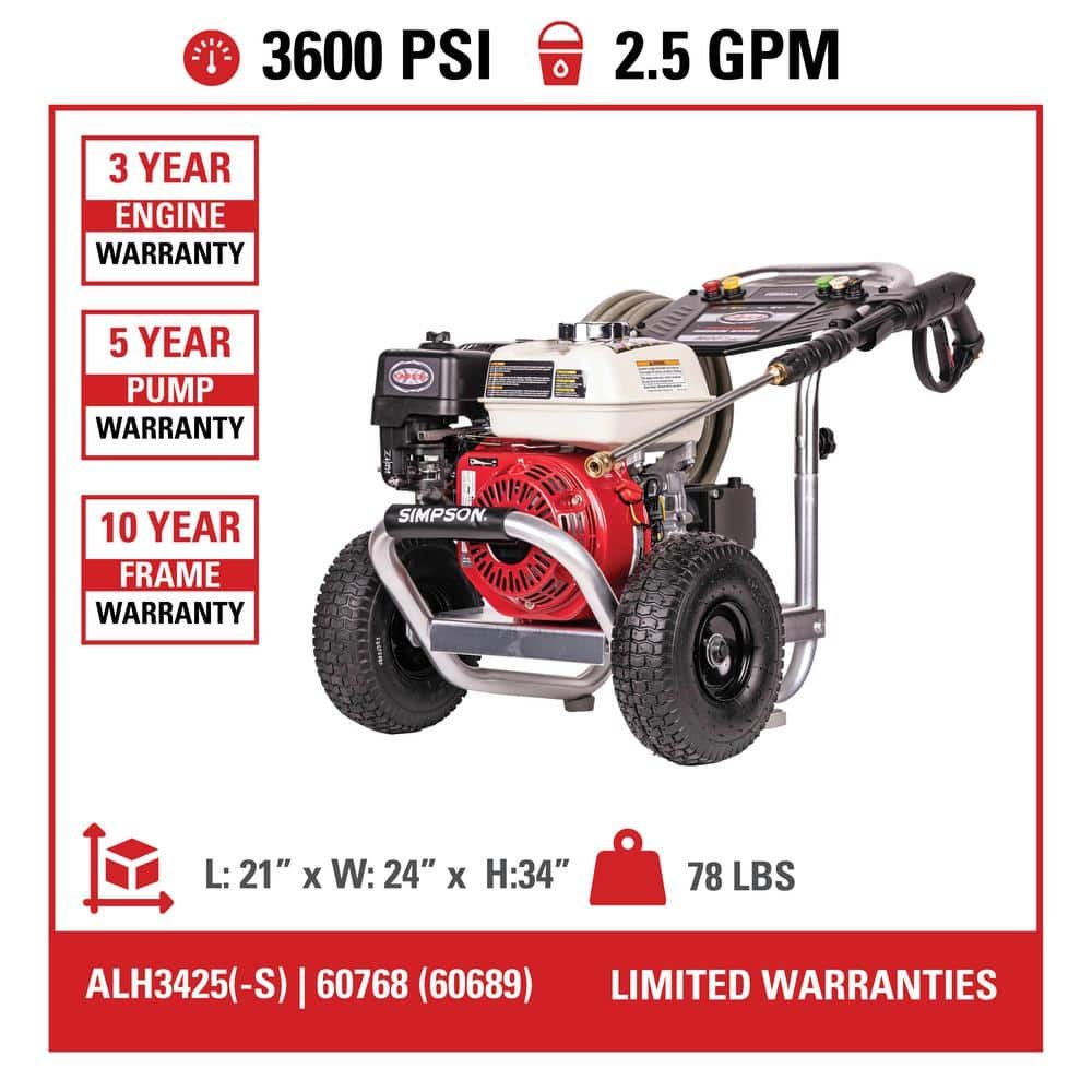 SIMPSON 3600 PSI 2.5 GPM Gas Pressure Washer, Honda GX200 Engine and Aluminum Frame, Commercial Cold Water Power Washer ALH3425-S