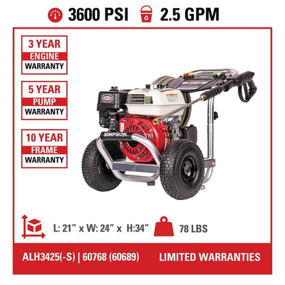 SIMPSON 3600 PSI 2.5 GPM Gas Pressure Washer, Honda GX200 Engine and Aluminum Frame, Commercial Cold Water Power Washer ALH3425-S