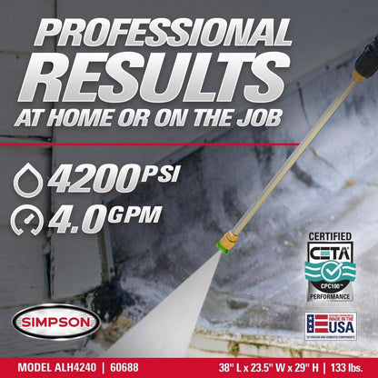 SIMPSON 4200 PSI 4.0 GPM Gas Pressure Washer, Honda GX390 Engine, Aluminum Frame, Commercial Cold Water Power Cleaner ALH4240