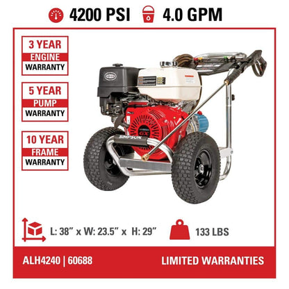 SIMPSON 4200 PSI 4.0 GPM Gas Pressure Washer, Honda GX390 Engine, Aluminum Frame, Commercial Cold Water Power Cleaner ALH4240