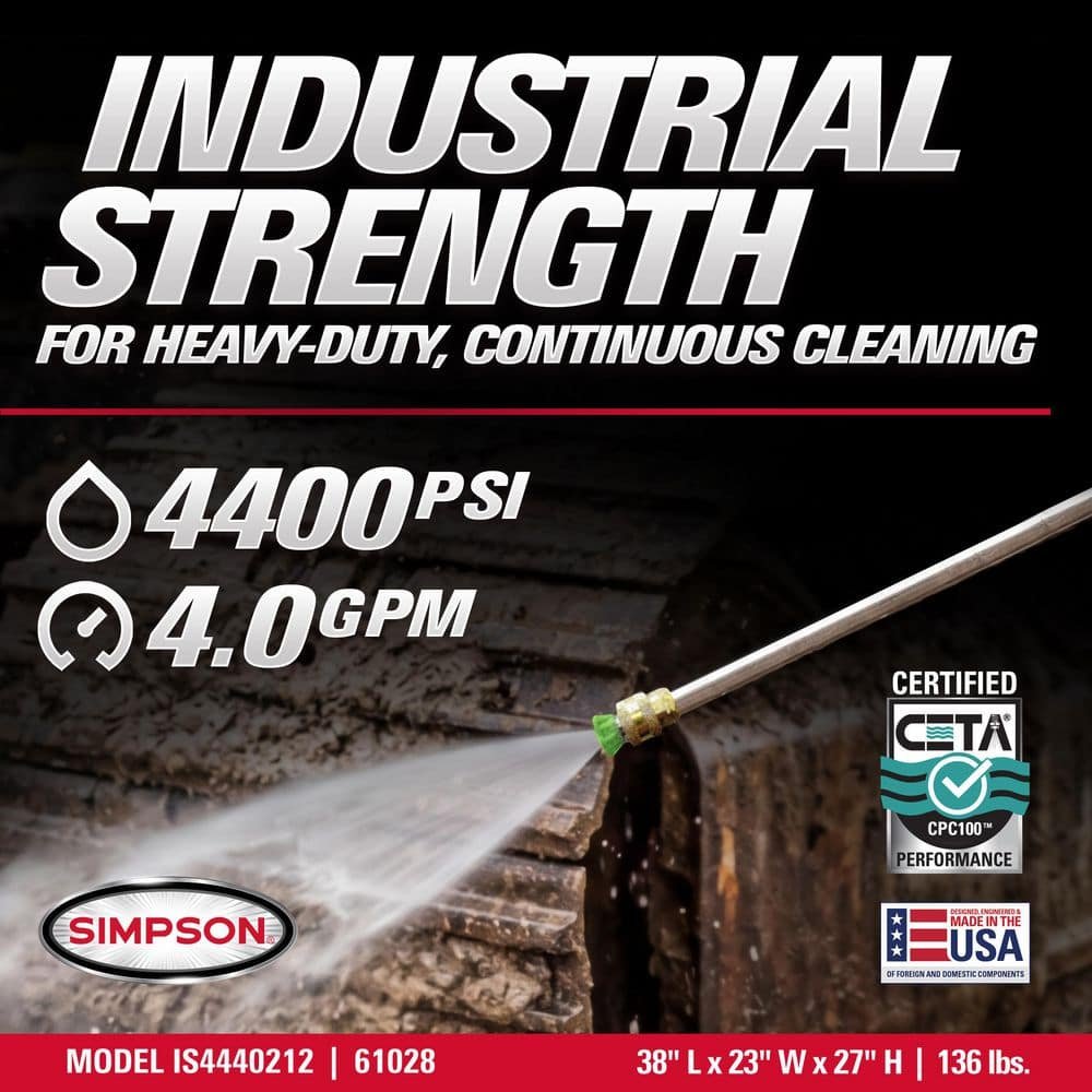 SIMPSON 4400 PSI 4.0 GPM Gas Pressure Washer with Honda GX390 Engine, Heavy-Duty Industrial Cold Water Power Washer IS61028
