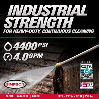 SIMPSON 4400 PSI 4.0 GPM Gas Pressure Washer with Honda GX390 Engine, Heavy-Duty Industrial Cold Water Power Washer IS61028