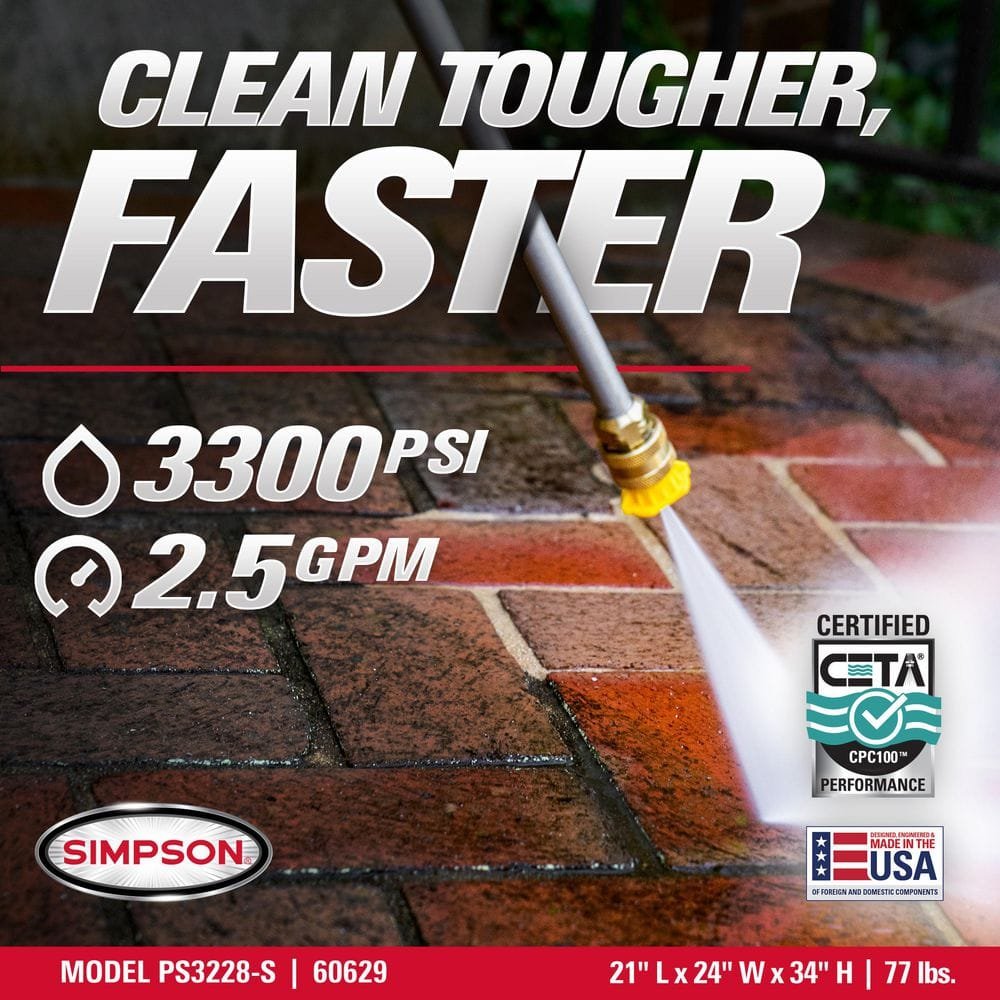 SIMPSON 3300 PSI 2.5 GPM Gas Pressure Washer, HONDA GX200 Engine, Reliable Residential Cold Water Power Washer PS3228-S