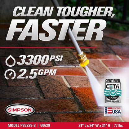 SIMPSON 3300 PSI 2.5 GPM Gas Pressure Washer, HONDA GX200 Engine, Reliable Residential Cold Water Power Washer PS3228-S