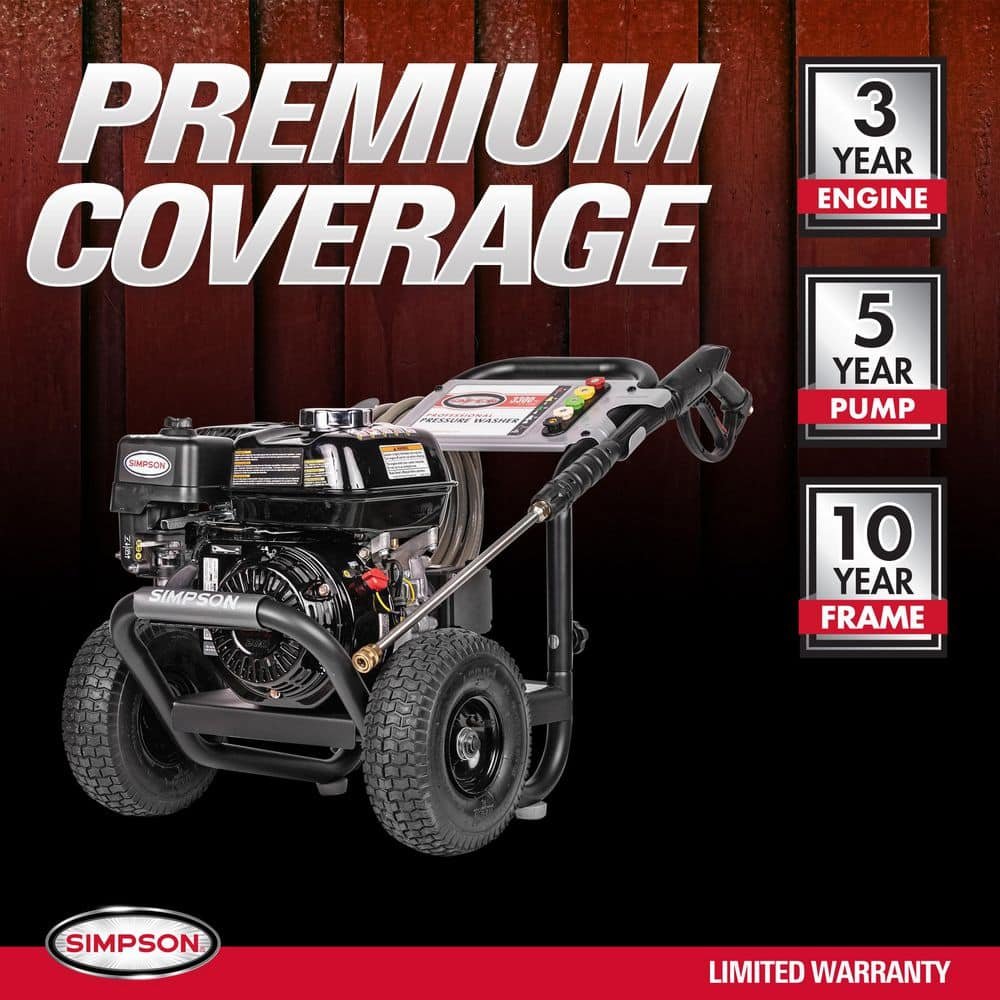 SIMPSON 3300 PSI 2.5 GPM Gas Pressure Washer, HONDA GX200 Engine, Reliable Residential Cold Water Power Washer PS3228-S