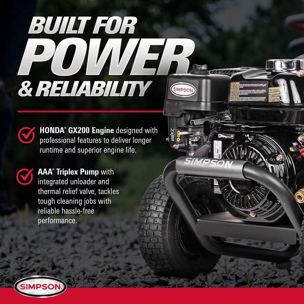 SIMPSON 3300 PSI 2.5 GPM Gas Pressure Washer, HONDA GX200 Engine, Reliable Residential Cold Water Power Washer PS3228-S