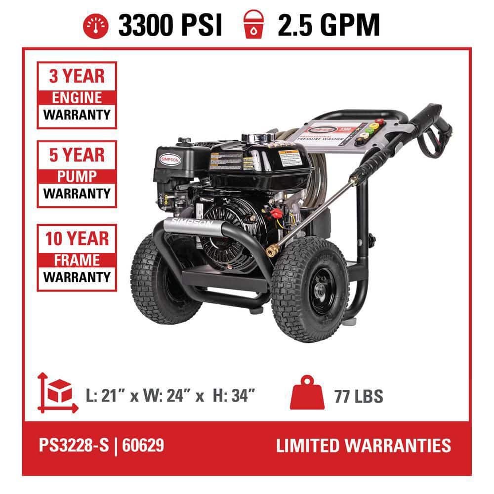 SIMPSON 3300 PSI 2.5 GPM Gas Pressure Washer, HONDA GX200 Engine, Reliable Residential Cold Water Power Washer PS3228-S