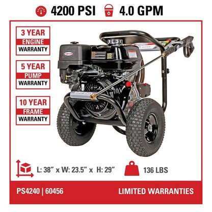 SIMPSON 4200 PSI 4.0 GPM Gas Pressure Washer, HONDA GX390 Engine, Triplex Pump, Heavy-Duty Cold Water Commercial Power Cleaner PS4240