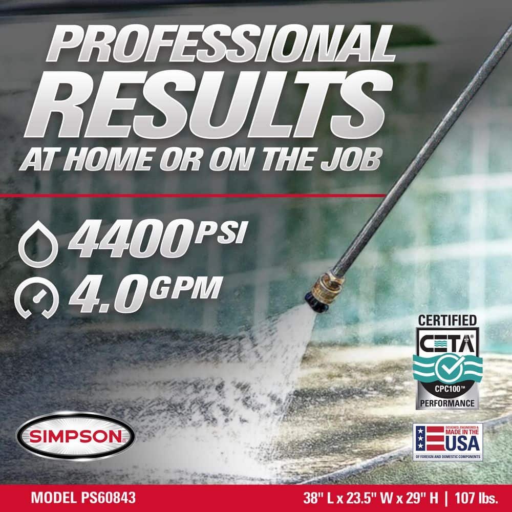SIMPSON 4400 PSI 4.0 GPM Gas Pressure Washer with CRX420 Engine, Heavy-Duty Commercial Cold Water Power Washer ps60843