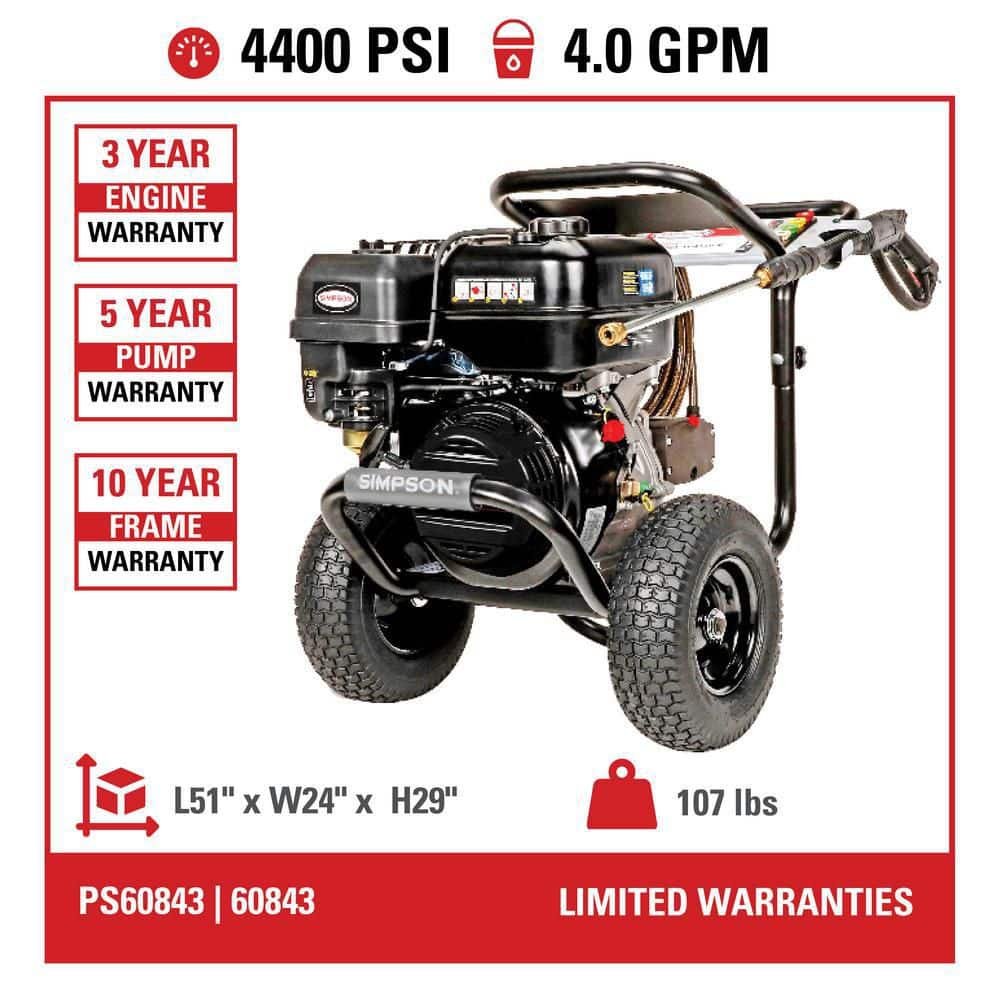SIMPSON 4400 PSI 4.0 GPM Gas Pressure Washer with CRX420 Engine, Heavy-Duty Commercial Cold Water Power Washer ps60843