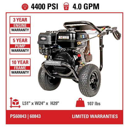 SIMPSON 4400 PSI 4.0 GPM Gas Pressure Washer with CRX420 Engine, Heavy-Duty Commercial Cold Water Power Washer ps60843