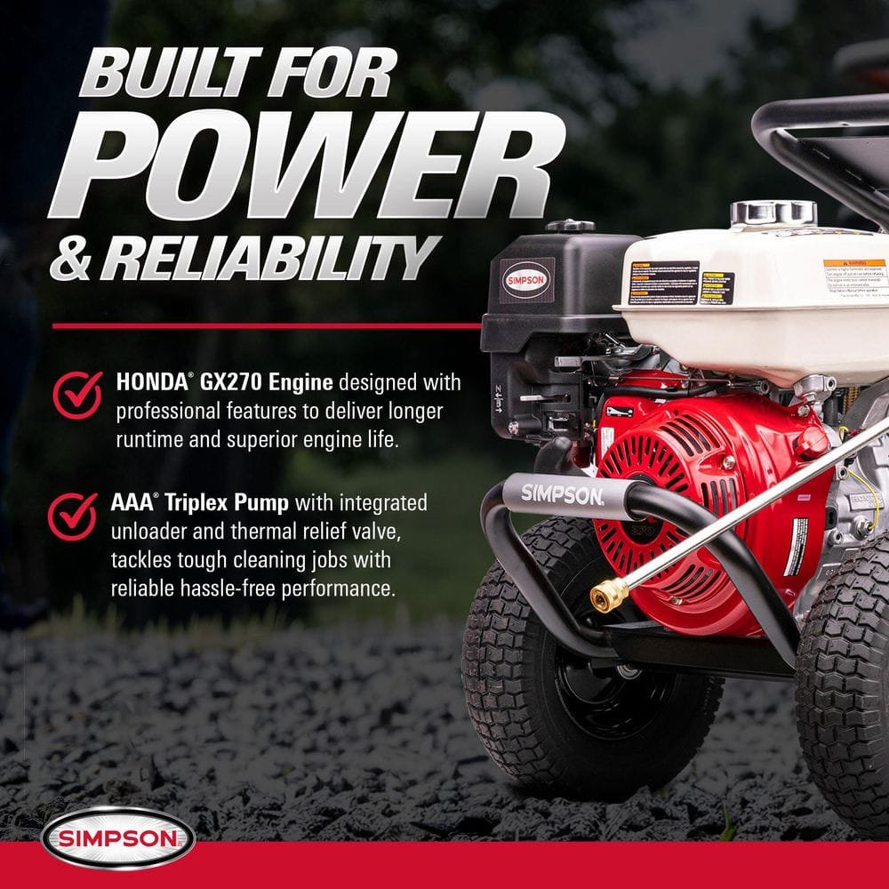 SIMPSON 4000 PSI 3.5 GPM Gas Pressure Washer, Honda GX270 Engine, AAA Triplex Pump Heavy-Duty Cold Water Commercial Power Washer PS60869