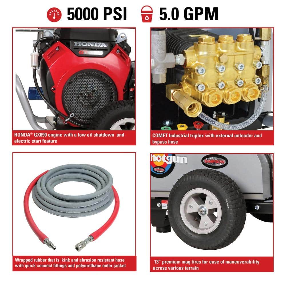 SIMPSON 5000 PSI 5.0 GPM Belt Drive Gas Pressure Washer, Honda GX690 Engine, Commercial Cold Water Power Washer WS5050H