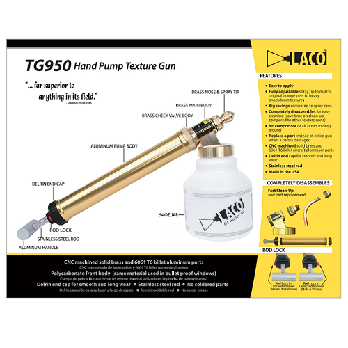 Laco TG950 Hand Pump Drywall Texture Patch Gun, 64 oz Jar, Machined Brass Body