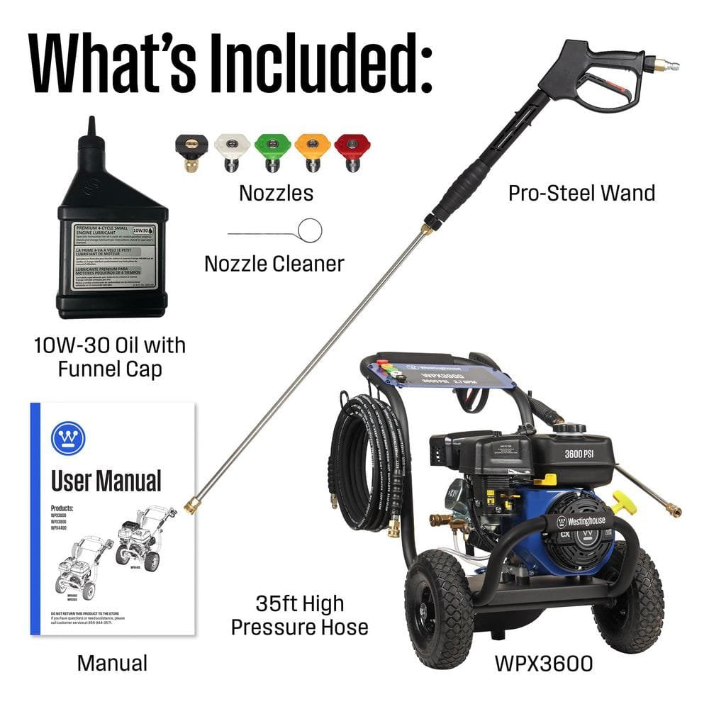 Westinghouse 3600 PSI 2.7 GPM 212cc Gas Powered Triplex Pump Cold Water Pressure Washer with 5-Quick Connect Nozzles WPX3600