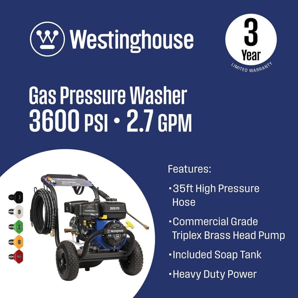 Westinghouse 3600 PSI 2.7 GPM 212cc Gas Powered Triplex Pump Cold Water Pressure Washer with 5-Quick Connect Nozzles WPX3600