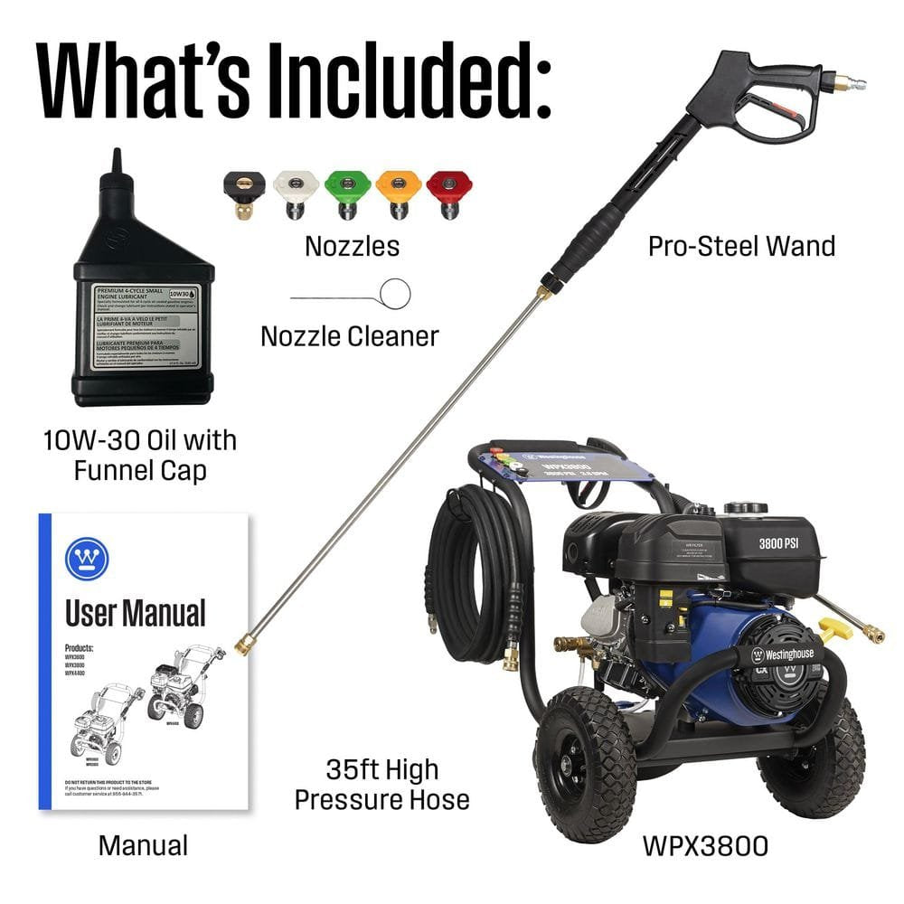 Westinghouse 3800 PSI 3.6 GPM 274cc Gas Powered Triplex Pump Cold Water Pressure Washer with 5-Quick Connect Nozzles WPX3800