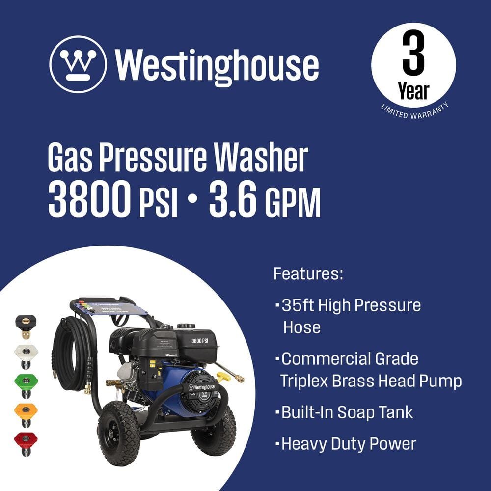 Westinghouse 3800 PSI 3.6 GPM 274cc Gas Powered Triplex Pump Cold Water Pressure Washer with 5-Quick Connect Nozzles WPX3800