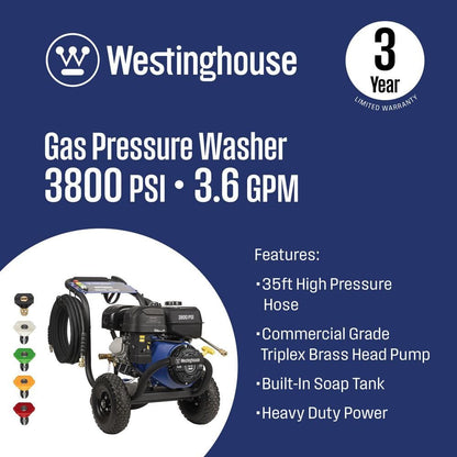 Westinghouse 3800 PSI 3.6 GPM 274cc Gas Powered Triplex Pump Cold Water Pressure Washer with 5-Quick Connect Nozzles WPX3800