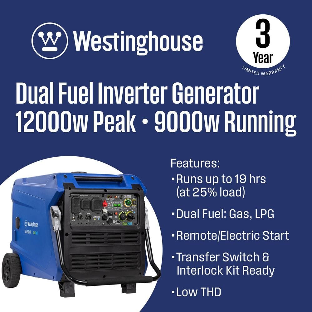 Westinghouse 12,000-Watt Remote Electric Start Dual Fuel Gas and Propane Powered Inverter Generator with CO Sensor iGen12000DFc