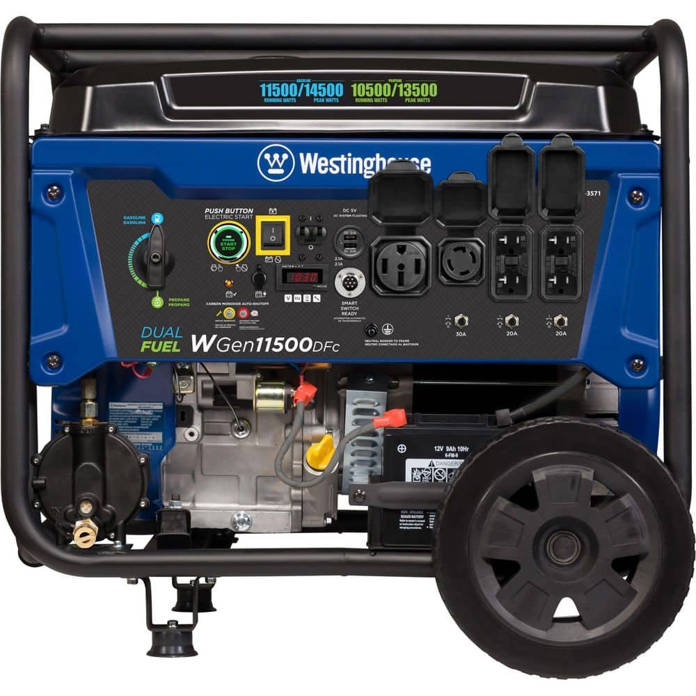 Westinghouse 14,500/11,500-Watt Remote Electric Start Dual Fuel Gas and Propane Portable Generator w/ Low THD, 50A Outlet, CO Sensor WGen11500DFc