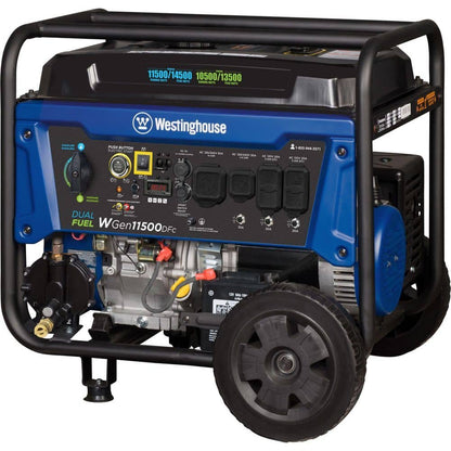 Westinghouse 14,500/11,500-Watt Remote Electric Start Dual Fuel Gas and Propane Portable Generator w/ Low THD, 50A Outlet, CO Sensor WGen11500DFc