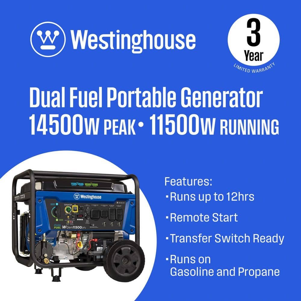 Westinghouse 14,500/11,500-Watt Remote Electric Start Dual Fuel Gas and Propane Portable Generator w/ Low THD, 50A Outlet, CO Sensor WGen11500DFc