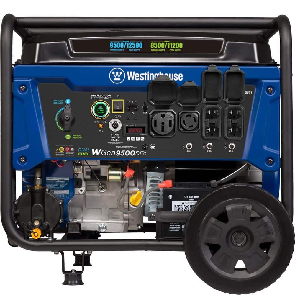 Westinghouse 12,500/9,500-Watt Remote Electric Start Dual Fuel Gas and Propane Powered Portable Generator w/ 50 Amp Outlet, CO Sensor WGen9500DFc