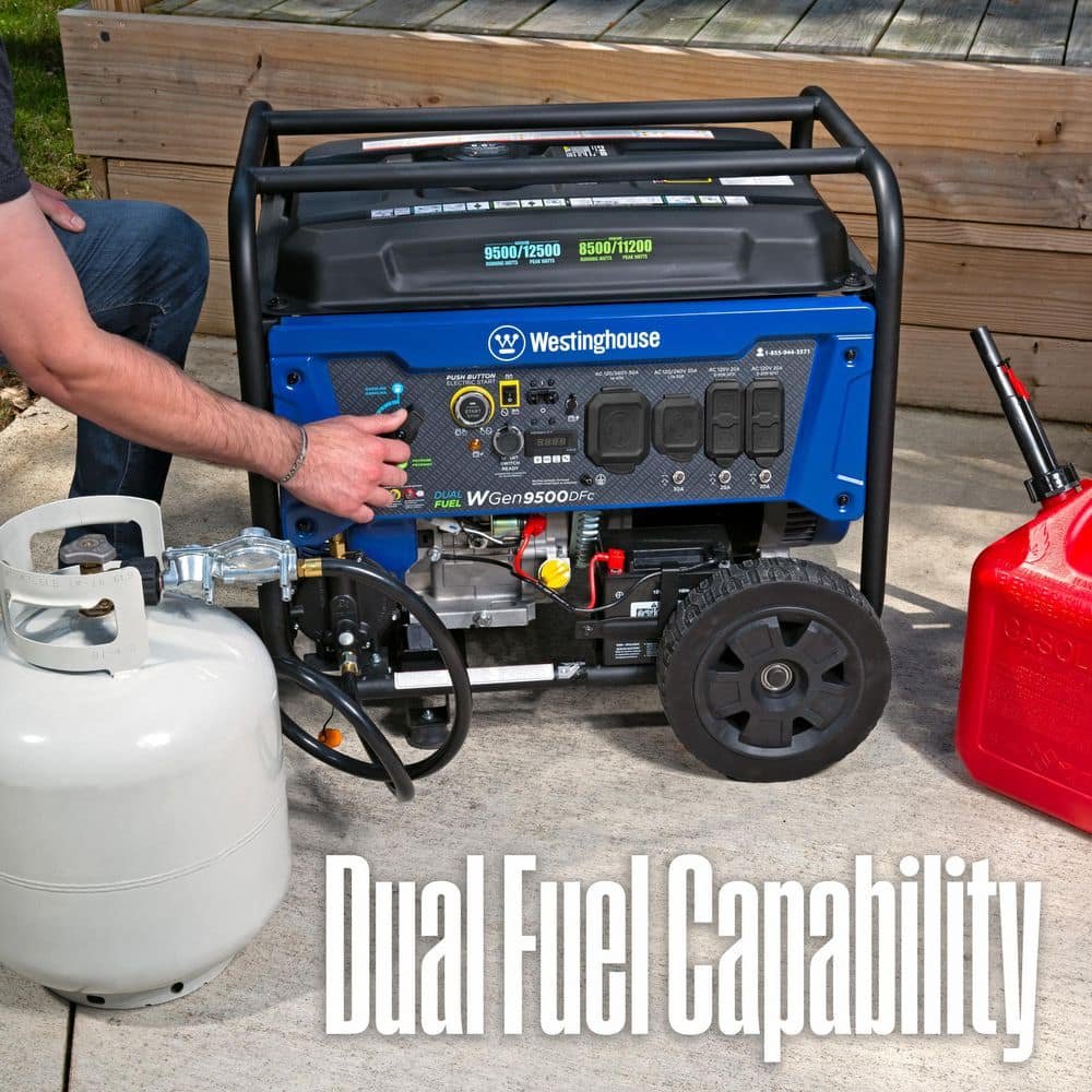 Westinghouse 12,500/9,500-Watt Remote Electric Start Dual Fuel Gas and Propane Powered Portable Generator w/ 50 Amp Outlet, CO Sensor WGen9500DFc